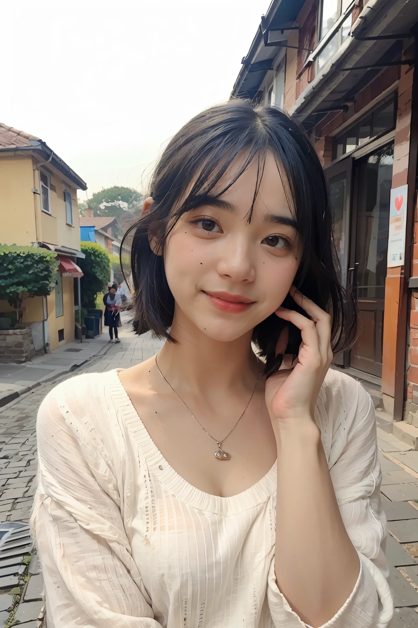 A brunette man, 1.76 tall, black hair, dark eyes, tapered nose, athletic body, light scar on his hand, on a cobblestone road, houses with apparent bricks in shades of white, blue and yellow, on a sunny day. With richness of detail and main focus on woman