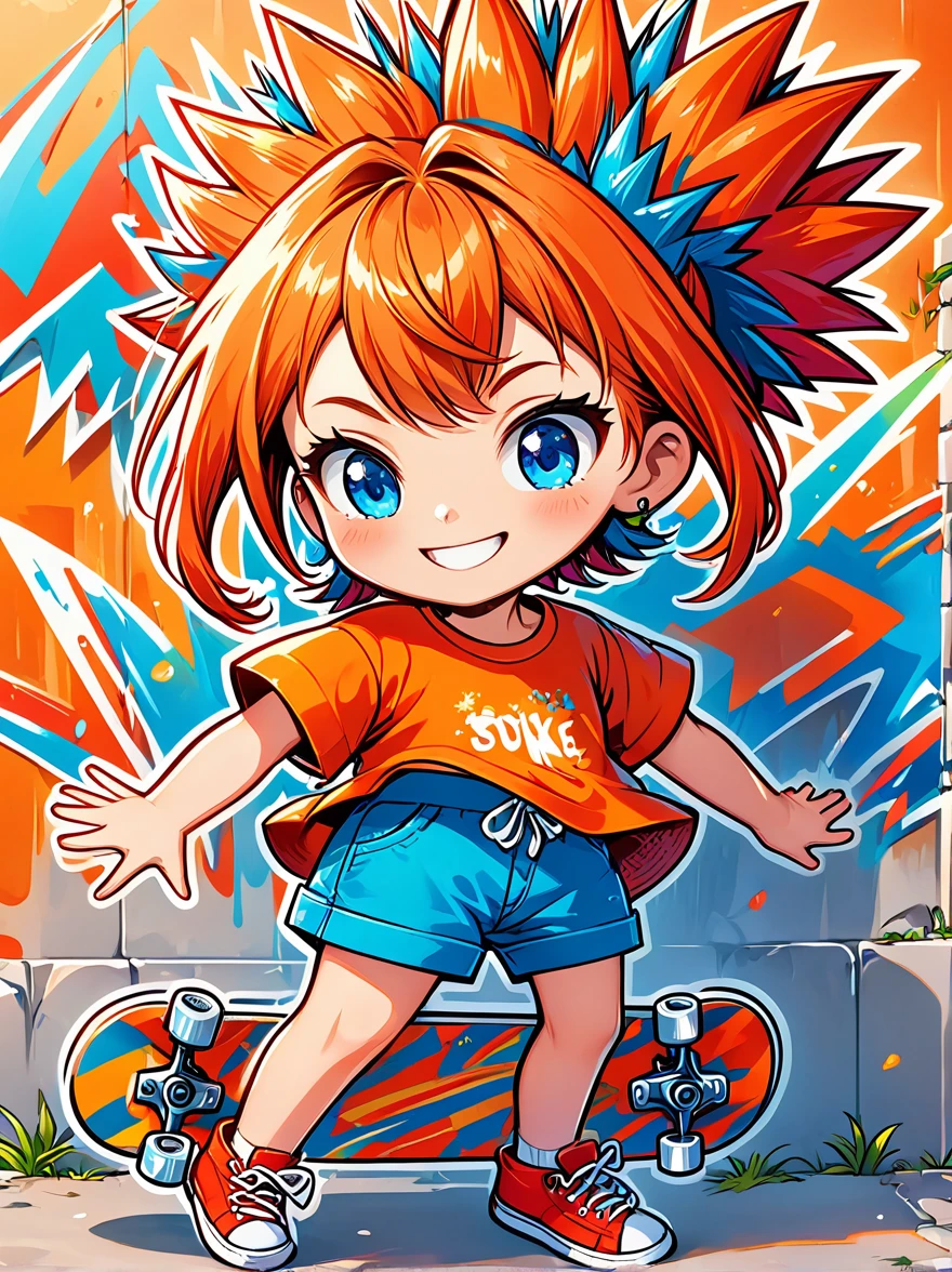 A cartoon doodle character，Vector illustration，A sweet and lovely  girl，With spiky, brightly colored hair，Unique and wild style，Wearing orange T-shirt，Blue shorts and red shoes, She often has a mischievous smile，And stir up trouble in the nameless town, She was known for her skateboarding skills and nonchalant attitude, Standing in front of a graffiti style background，Adds whimsy to the scene