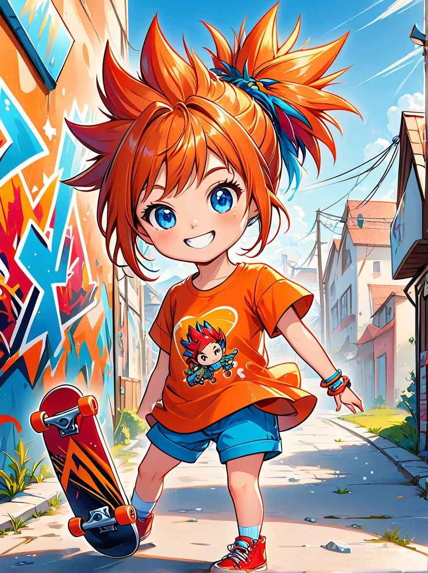 A cartoon doodle character，Vector illustration，A sweet and lovely ***********，With spiky, brightly colored hair，Unique and wild style，Wearing orange T-shirt，Blue shorts and red shoes, She often has a mischievous smile，And stir up trouble in the nameless town, She was known for her skateboarding skills and nonchalant attitude, Standing in front of a graffiti style background，Adds whimsy to the scene