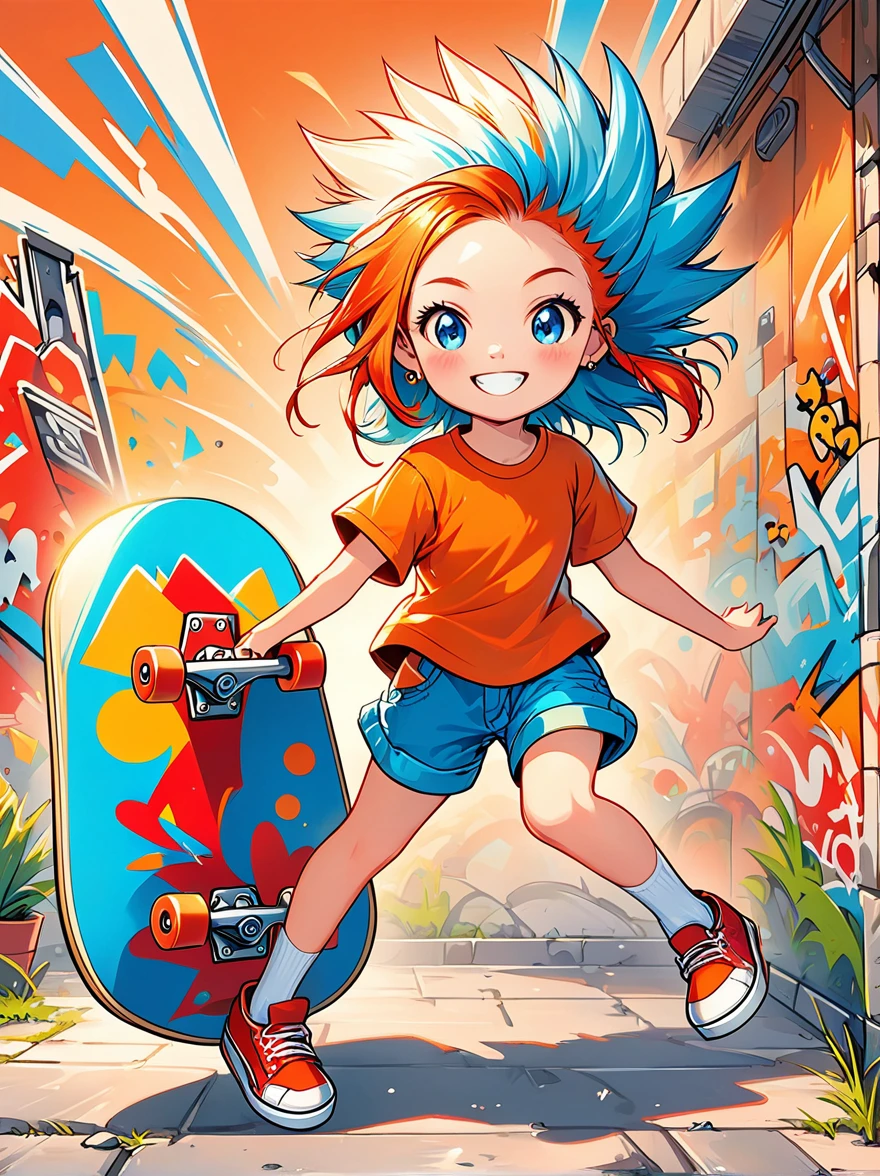 A cartoon doodle character，Vector illustration，A sweet and lovely ***********，With spiky, brightly colored hair，Unique and wild style，Wearing orange T-shirt，Blue shorts and red shoes, She often has a mischievous smile，And stir up trouble in the nameless town, She was known for her skateboarding skills and nonchalant attitude, Standing in front of a graffiti style background，Adds whimsy to the scene