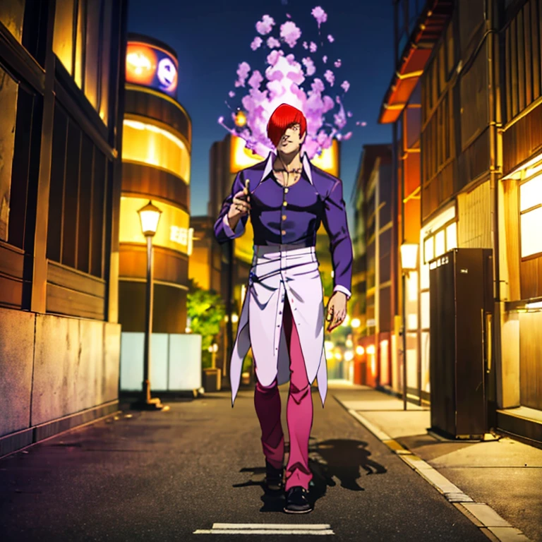 One boy,Hair on one eye,Redhead,short hair,Purple Flame,Fantasy World,isekai,Walking the streets of Osaka