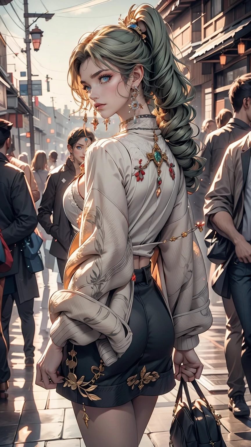 masterpiece , highest quality,Nahida(Genshin Impact) ,One girl , Small breasts,Long Hair ,Side Ponytail, hair ornaments , Gray Hair , Green Hair , Place your hands behind your head:1.5,Multicolored Hair, Fairy , Pointed Ears ,  , skirt ,cardigan,road , street,Looking at the audience
