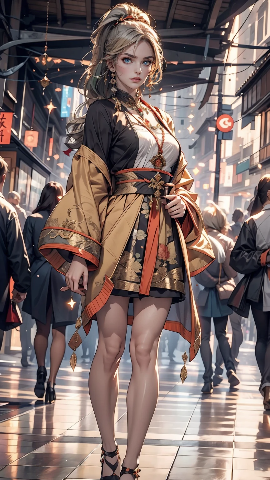 masterpiece , highest quality,Nahida(Genshin Impact) ,One girl , Small breasts,Long Hair ,Side Ponytail, hair ornaments , Gray Hair , Green Hair , Place your hands behind your head:1.5,Multicolored Hair, Fairy , Pointed Ears , , skirt ,cardigan,road , street,Looking at the audience