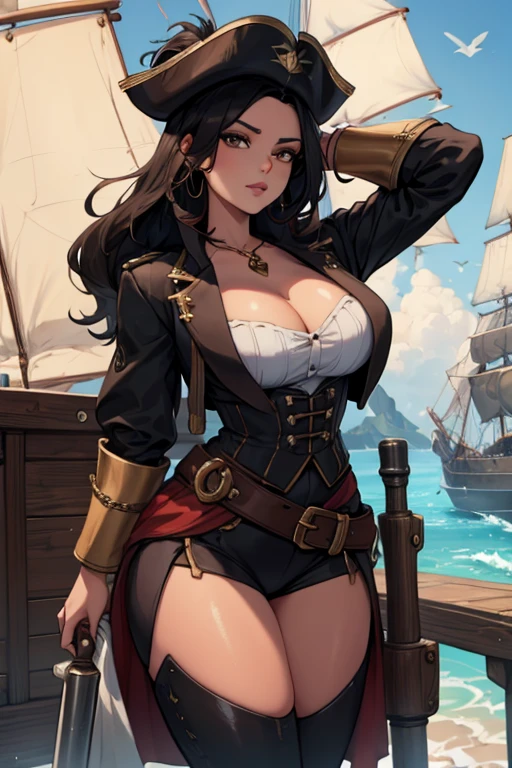 A black haired woman with brown eyes with an hourglass figure in a pirate's outfit is pushing a cannon around the deck