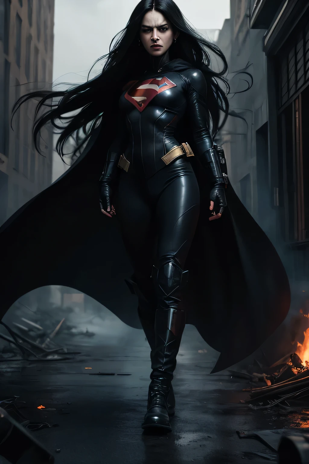 long straight black hair, angry, mad, filled with hatred, insane, evil, corrupted, Supergirl, teared black suit, half fingers gloves, teared black pants, teared long black cape, black combat boots, 8k, professional art, full body, hyperealistic, high contrast, dystopian, bleak, grim, dark, post apocalyptic ruins, city burning, sky burning,