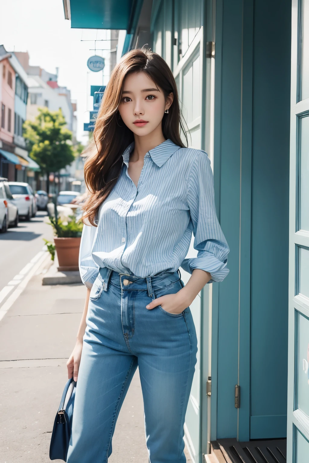 A woman standing on the sidewalk in a blue shirt and jeans - SeaArt AI