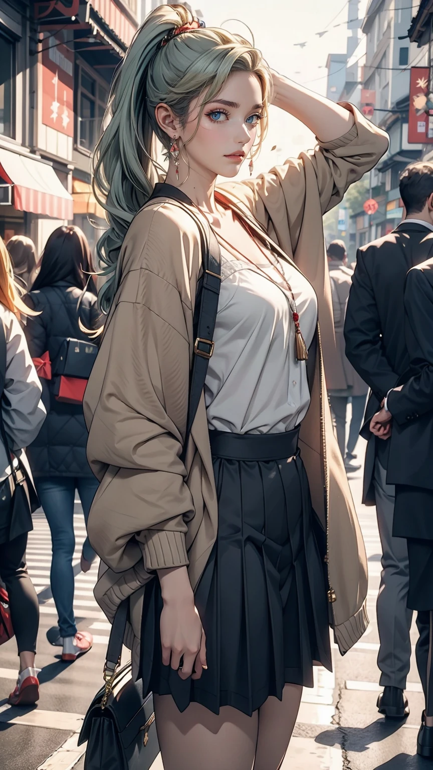 masterpiece , highest quality,Nahida(Genshin Impact) ,One girl , Small breasts,Long Hair ,Side Ponytail, hair ornaments , Gray Hair , Green Hair , Place your hands behind your head:1.5,Multicolored Hair, Fairy , Pointed Ears , , skirt ,cardigan,road , street,Looking at the audience