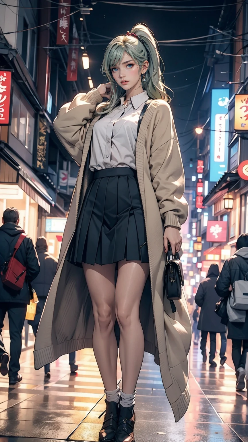masterpiece , highest quality,Nahida(Genshin Impact) ,One girl , Small breasts,Long Hair ,Side Ponytail, hair ornaments , Gray Hair , Green Hair , Place your hands behind your head:1.5,Multicolored Hair, Fairy , Pointed Ears ,  , skirt ,cardigan,road , street,Looking at the audience