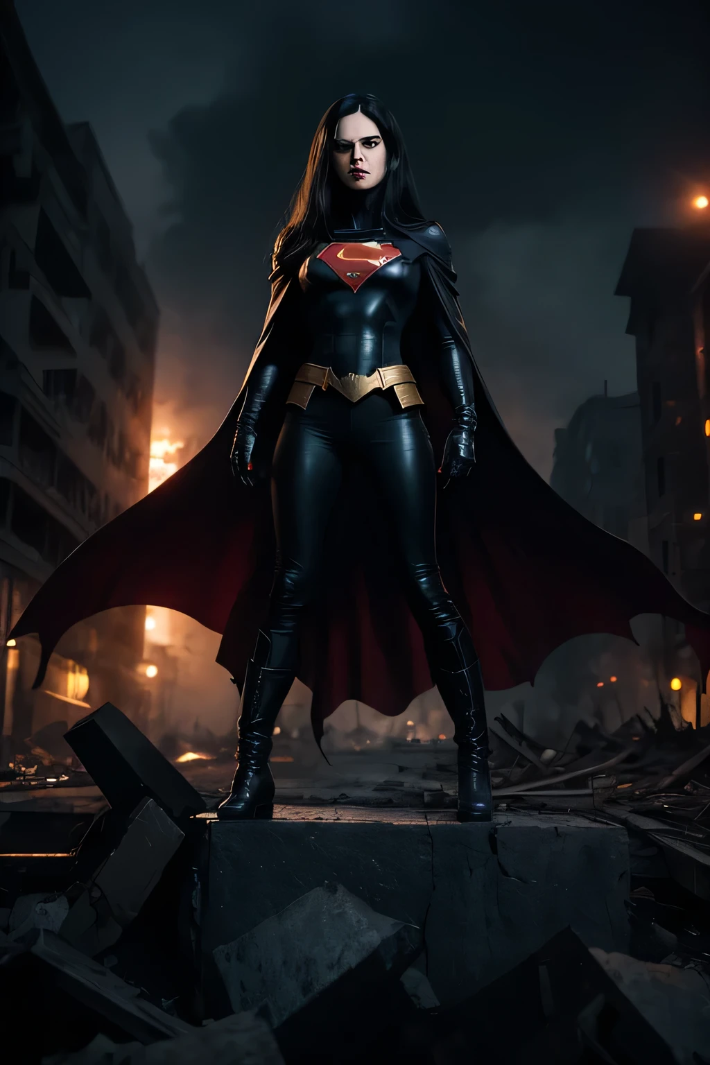 long straight black hair, angry, mad, filled with hatred, insane, evil, corrupted, Supergirl, teared black suit, half fingers gloves, teared black pants, teared long black cape, black combat boots, 8k, professional art, full body, hyperealistic, high contrast, dystopian, bleak, grim, dark, post apocalyptic ruins, city burning, sky burning,
