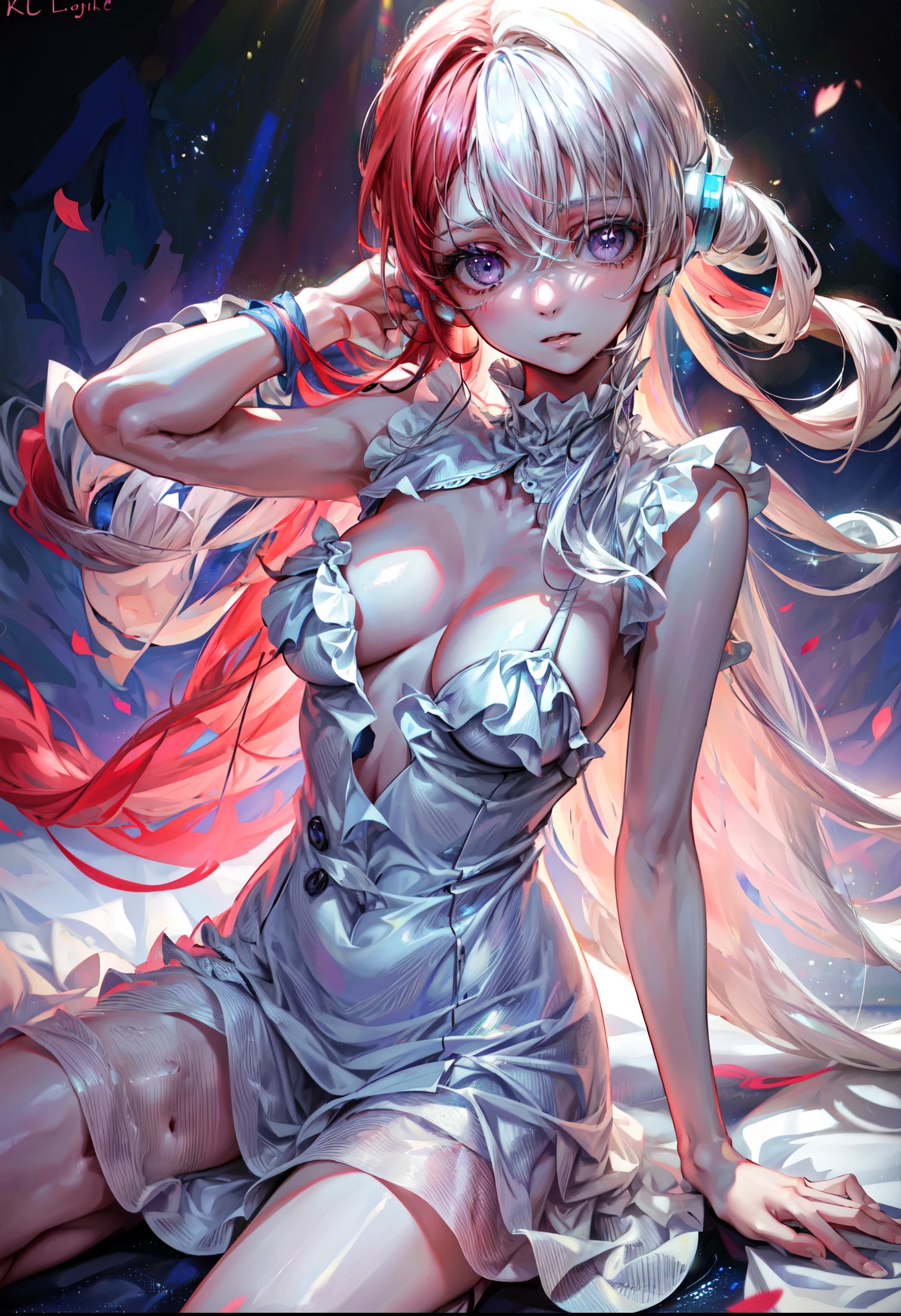 A slim girl with long blue hair,wear dress, detailed beautiful mauve eyes, and a cleavage-revealing long dress, (best quality,4k,8k,highres,masterpiece:1.2),ultra-detailed,(realistic,photorealistic,photo-realistic:1.37),1girl,beautiful detailed eyes,beautiful detailed lips,extremely detailed eyes and face,longeyelashes,front,slim,red and white hair,mauve eyes,long dress,cleavage,small breasts,intricate,elegant,serene,warm lighting,soft colors