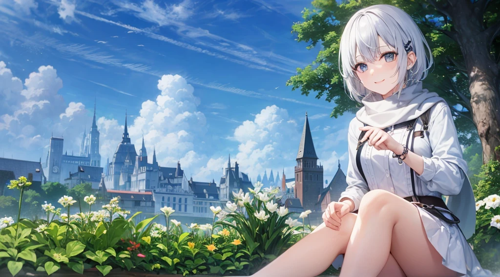 とてもShort Hair, Long bangs between the eyes, Grey Eyes , Very detailed,(masterpiece、highest quality)、alone、Gray Hair、Fantasy, Silver Hair, black eye, Beautiful Eyes,, Ecstasy, charm, attract the audience, Fantasyな風景、White shirt、smile、Open your mouth、Scarf、short hair、Short Hair、Flower Field、hairpin