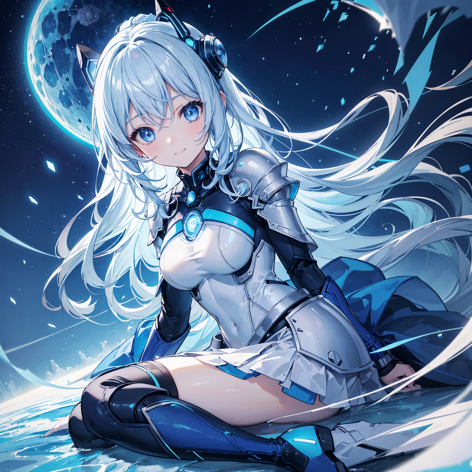 8k, highest quality, (real:1.4), Original photo, 1 girl, Asari Hair, Biological Amplifier, refined armor, posture: Peace talks between warring factions, smart blue eyes,A modest smile、Knee-high boots、Blue big moon and blue light swirl in the background、Blue light from behind、blue light magic