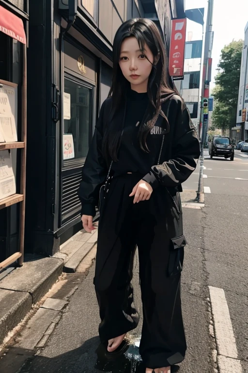 Japanese Girl sees the ghost and pees her black palazzo pants until her pants are wet in fright.