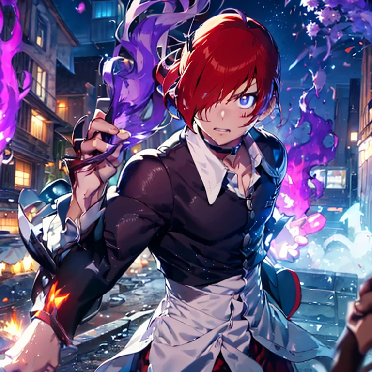 Sharp Eye,One boy,Hair on one eye,Redhead,short hair,Purple Flame,Fantasy World,isekai,Fighting an opponent in the arena