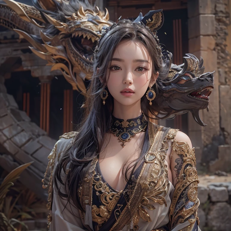 Hiding in the desert、Hair Flow、 ((highest quality、masterpiece、8k、Best image quality、Ultra-high resolution、Award-winning works)、(Accurate anatomy:1.1)、(Look at me and smile:1.1)、Shining fair skin with Ultra-high resolution、The most detailed face、Ultra-high resolution detailed face、Ultra-high resolutionの髪の毛、(Ultra-high resolutionの煌めく瞳:1.1)、Beautiful face drawn in every detail、(Blurred Background:1.1)、Ancient Islamic clothing, Chest to chest, tattoo, Old ruins in the background、Apart from the black real dragon