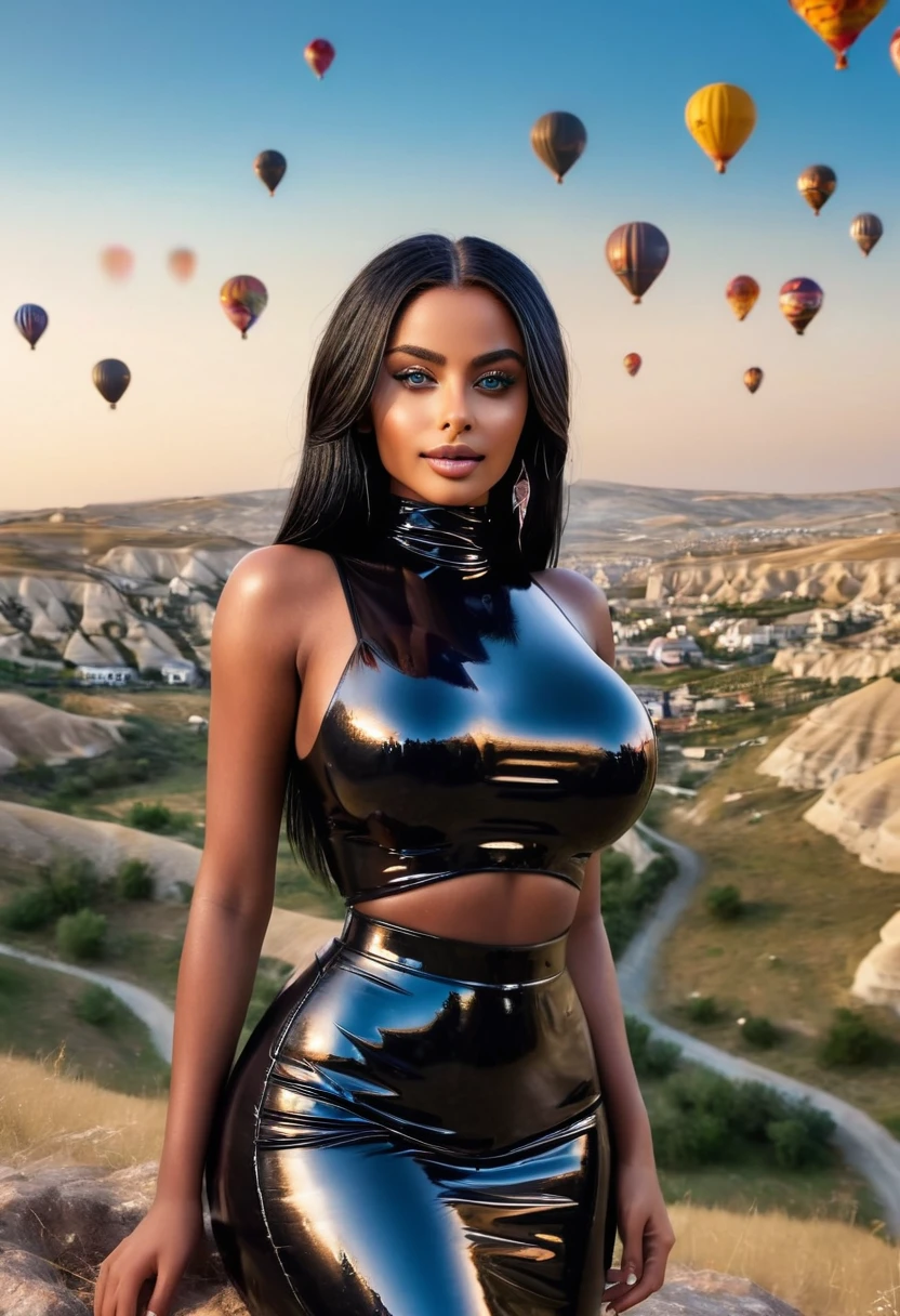 (muste piece, highest quality)((8k)),full body,black hair,black skin ,super detailed,arab girl ,blue eyes ,photorealistic(((black skin)))dark bronze shiny skin,dark skin,wearing hijubbeautiful female mode,Black woman in black clothes from biblical times, blue eyes, ((background cappadocia sky full of hot air balloons)), (shiny skin), she is wet and intimate, she has a submissive expression, direct eye contact, hyperrealistic, unreal engine 5,Suggested pose, 8K
