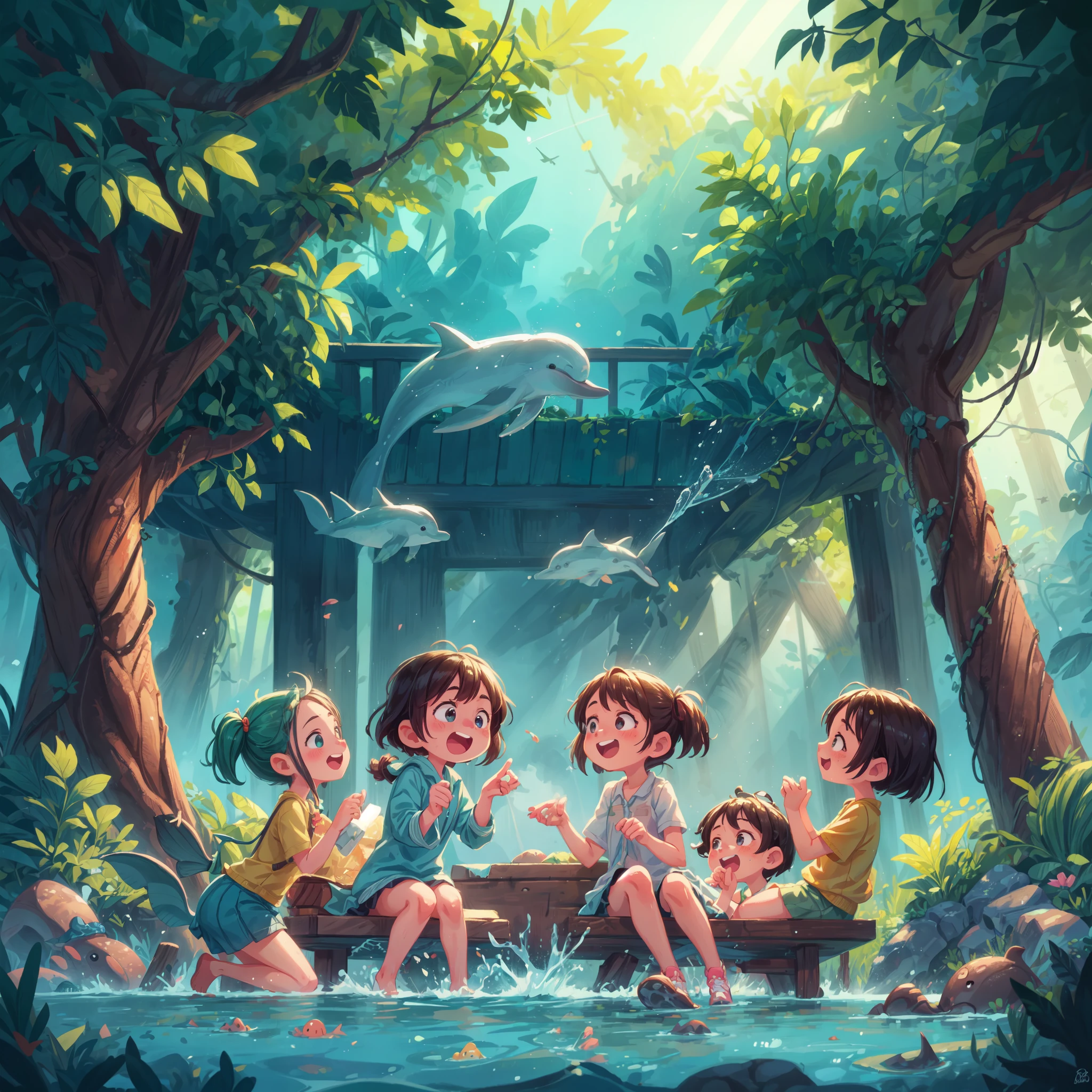 a group of young people playing and having fun in an outdoor aquatic paradise with dolphins, water particles scattered everywhere, highly detailed, intricate details, vibrant colors, photorealistic, 8k, studio lighting, cinematic, fantasy, magical, ethereal, glowing, beautiful, serene, peaceful