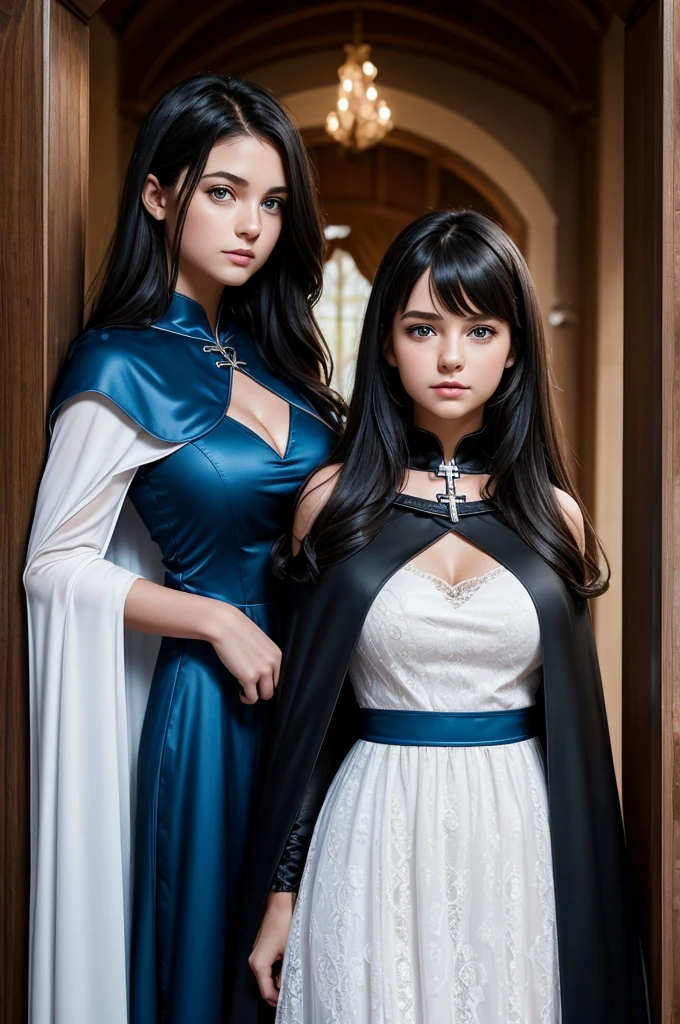 mother and daughter portrait, break: daughter teenager(1.3), , very small breats, black hair , blue eyes, detailed face, angelical face, dress with cape, desing with christian cross, cleavage ,soft lesbian, break: mature mother, middle-age, long black hair, blue eyes, detailed face, beautiful face,cleavage, curvys, tall, chubby, dress with cape, desing with christian cross break: background in cold castle