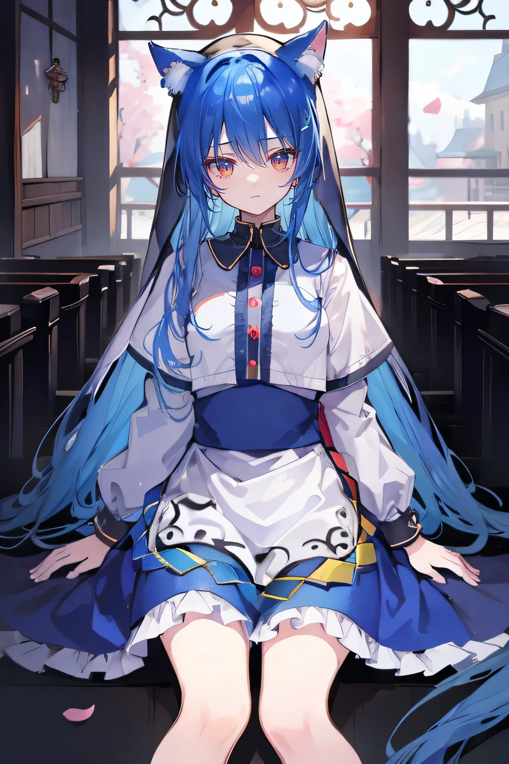 (masterpiece:1.2),Extremely detailed,Practical,expressive eyes,Fair skin,Perfect face shaping,1 Girl,
Japanese cartoons,Gorgeous blue hair, the long flowing blue hair,Floating clothes,Cat ears,Petals fall,beautiful lola,Angel,
Place your hands on your waist,sit elegantly on the ground,Cross your legs,Gentle and peaceful background,stately church,nun.