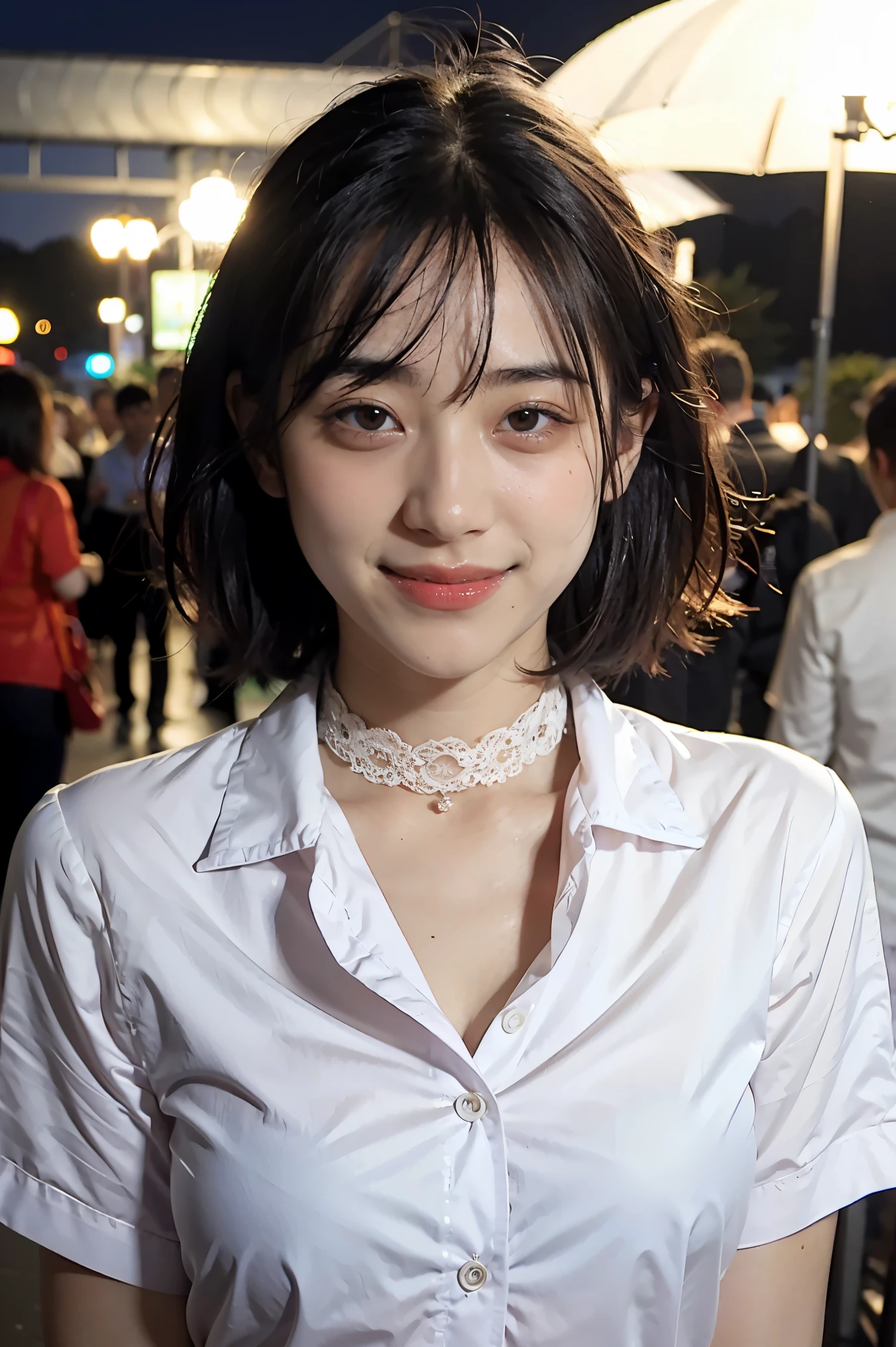 (8k, top quality, masterpiece: 1.2), (realistic, photorealistic: 1.37), super detailed, girl 1 person, 17 years old, solo, small breasts, beautiful detailed sky, detailed café, night, (blush), (smile: 1.15), (closed mouth), small, (shirt with collar: 1.1), night, wet, office clothes, rain, white lace, (short hair: 1.2), floating hair NovaFrogStyle, random sexy poses,