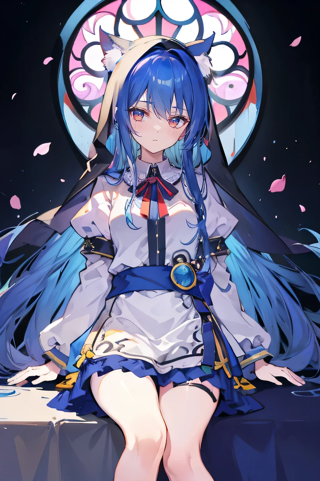 (masterpiece:1.2),Extremely detailed,Practical,expressive eyes,Fair skin,Perfect face shaping,1 Girl,
Japanese cartoons,Gorgeous blue hair, the long flowing blue hair,Floating clothes,Cat ears,Petals fall,beautiful lola,Angel,
Place your hands on your waist,sit elegantly on the ground,Cross your legs,Gentle and peaceful background,stately church,nun.