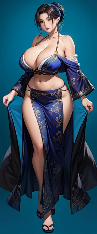 (masterpiece, best quality, best quality, Official Art, beautiful and aesthetic:1.2), (1 girl:1.3), Very detailed,(Fractal Art:1.1),(rich and colorful:1.1),Most detailed,(Trolls (Tanged):1.2), (Dynamic poses), (Blue Background:1.5), (Japanese Clothing:1.2), (shiny skin), (multiple colour:1.4), ,(earrings:1.4), (((Large 、Breast g、Low-cut，Cleavage ，Wid))((Long legs)),Hourglass figure)),,