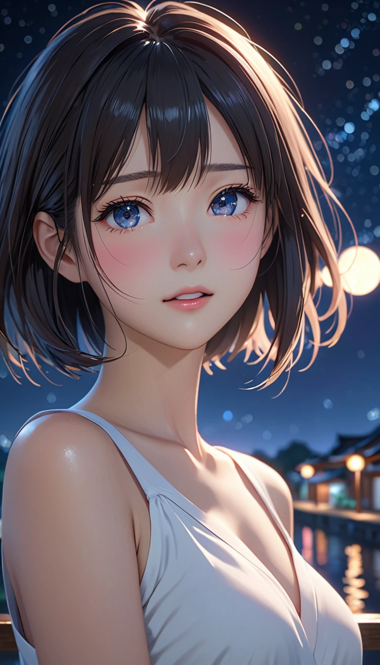 National Science Foundation,masterpiece,High resolution,8K,Art,digit,Three-dimensional,Realism,Kyoto Animation Style,your name movie style,Facing the camera,night,midnight,Light,(1 female: 1.3),(alone: 1.4),(student),Long eyelashes,Long thin legs,Short Bob,Sexy pose,Close-up of upper body,Close-up,night星空,Eyes as deep as the starry sky,Blushed,shy,shy,open mouth,(Tearing up)