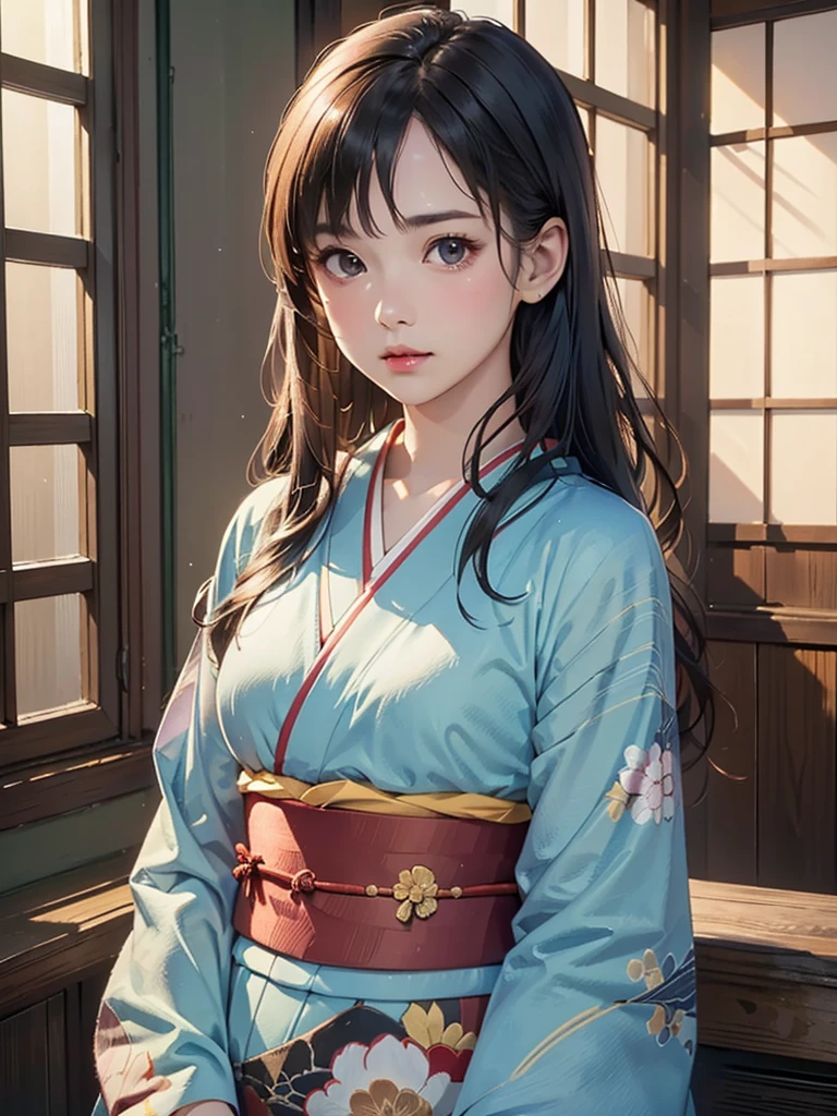 (highest quality、8k、32k、masterpiece)、(masterpiece,up to date,Exceptional:1.2), anime,One girl,Front hair,black_hair, Beautiful 8k eyes,Looking_in_Audience,One person in,Are standing,((Very beautiful woman, Fuller lips, Japanese pintern kimono))、((Colorful Japanese kimono)))、(((Medium Shot)))、Blunt bung、(High resolution)、Very beautiful face and eyes、1 girl 、Round and small face、Narrow waist、delicine body、(highest quality high detail Rich skin details)、(highest quality、8k、Oil paints:1.2)、Very detailed、(Realistic、Realistic:1.37)、Bright colors、(((blackhair)))、(((Blunt bung,Long Hair)))、(((cowboy pictures)))、((( Inside an old Japanese house with a (short focus lens:1.4),)))、(masterpiece, highest quality, highest quality, Official Art, beautifully、aesthetic:1.2), (One girl), Very detailedな,(Fractal Art:1.3),colorful,Most detailed,Sengoku period(High resolution)、Very beautiful face and eyes、1 girl 、Round and small face、Tight waist、Delicine body、(highest quality high detail Rich skin details)、(highest quality、8k、Oil paints:1.2)、(Realistic、Realistic:1.37)、Greg Rutkowski Written by Alphonse Mucha Ropp,short ,uchikake,nishijin ori,(realistic light and shadow), (real and delicate background),(muted colors, dim colors, soothing tones:1.3), low saturation, (hyperdetailed:1.2), (noir:0.4),drow,blurry_light_background, (vibrant color:1.2), cinematic lighting, ambient lighting,Single Shot,Shallow Focus,pink lip,blurry light background,
