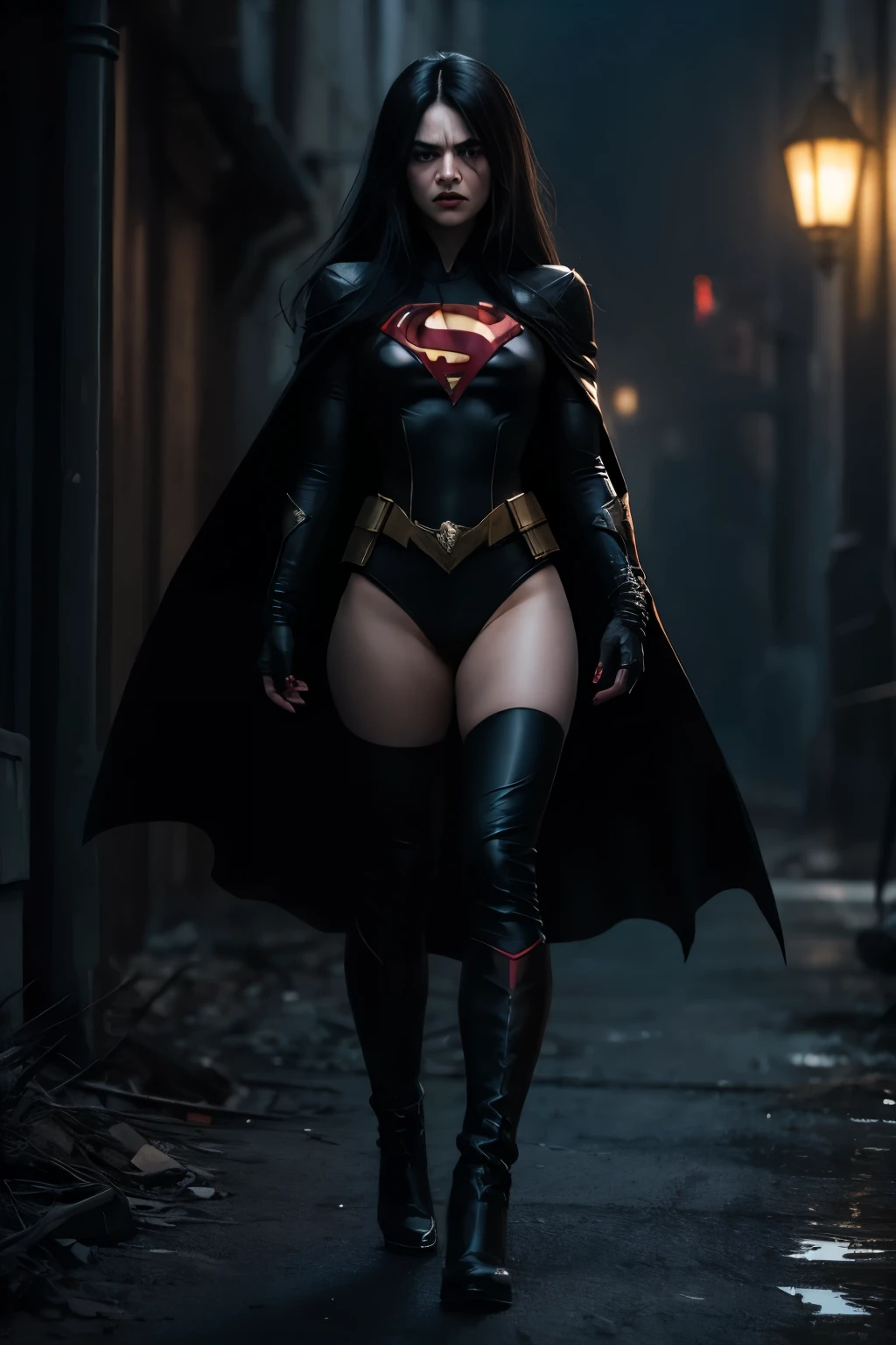 long straight black hair, angry, mad, filled with hatred, insane, evil, corrupted, Supergirl, teared black suit, half fingers gloves, teared black pants, teared long black cape, black combat boots, 8k, professional art, full body, hyperealistic, high contrast, dystopian, bleak, grim, dark, post apocalyptic ruins, city burning, sky burning, 
