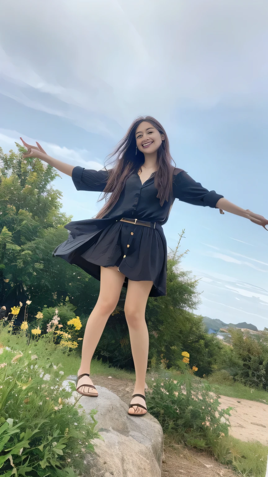 seed:2020674263.((Full body angle:1.1)).((highest quality, 8K, masterpiece:1.3)), ((from below:1.1)).concentrated:1.2, Perfect body beauty:1.4, Hips:1.2, ((Delicate Hair)), (Colorful button-through crop shirt :1.1) , ((highest quality、8K、masterpiece:1.3))、1 Girl、A sloppy smile、Esbian all over、Slim face、Big Boobs、Beautiful woman、(Dark Brown Hair)、Long Hair、1.1、Flickering Valley、Detailed eyes、double eyelid、Blurred Background、超Slim face、Smile、Looking down、stroll、