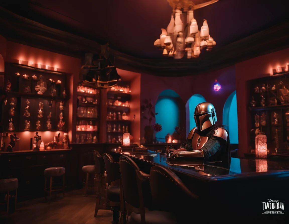 Estudio de tatuagem, The decoration theme is based on the Disney series The Mandalorian, iluminacao quente e baixa, com neons, estudio pequeno