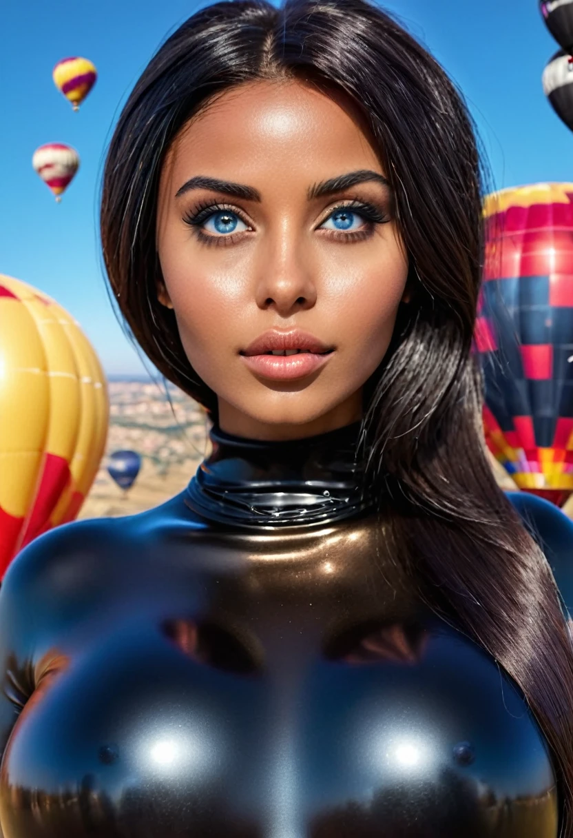 (muste piece, highest quality)((8k)),full body,black hair,black skin ,super detailed,arab girl ,blue eyes ,photorealistic(((black dark skin)))dark bronze shiny skin,dark skin,wearing hijubbeautiful female mode,Black woman in black clothes from biblical times, blue eyes, ((background cappadocia sky full of hot air balloons)), (shiny skin), she is wet and intimate, she has a submissive expression, direct eye contact, hyperrealistic, unreal engine 5,Suggested pose, 8K
