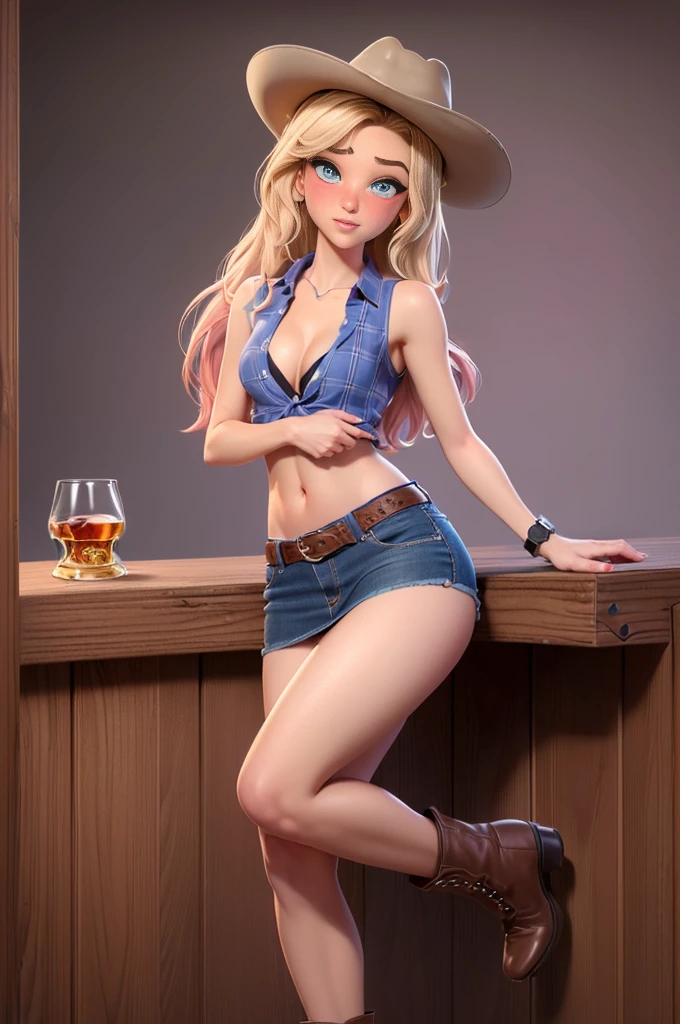 ((((1 person:2.0)))),(((Cowgirl Costume))),(((Slender body:1.2))),(((Small Ass:1.2))),(((Straight Hair:1.2))),(((Denim mini skirt))),(((Wear a western hat))),(((Wear one leather belt))),(((He is wearing a sleeveless shirt, Plaid, Front tie shirt.))),(((wear the watch))),(((short boots))),(((Showing cleavage))),(((Showing your belly button))),(((Exposing thighs))),(((Small breasts:1.5))),(((Bare arms))),(((Her hair is blonde))),, Beautiful detailed girl, Very detailed目と顔, Detailed and beautiful eyes, Very detailed, High resolution, highest quality, masterpiece, Very detailed, 8k wallpaper, wonderful, finely, highest quality, The light shines on your face,(Dark basement bar),((Drinking whiskey:1.2)),Beautiful Eyes,(((Blushed:1.2))),Cowboy Shot
