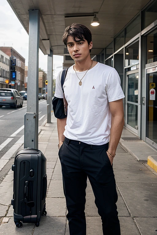 Image of a young man in front of a bus at a bus station