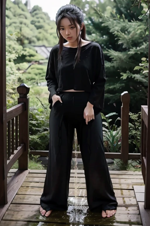 Japanese Girl sees the ghost and pees her black palazzo pants until her pants are wet in fright.
