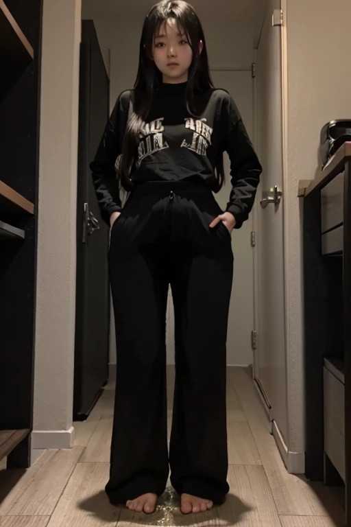 Japanese Girl sees the ghost and pees her black palazzo pants until her pants are wet in fright.