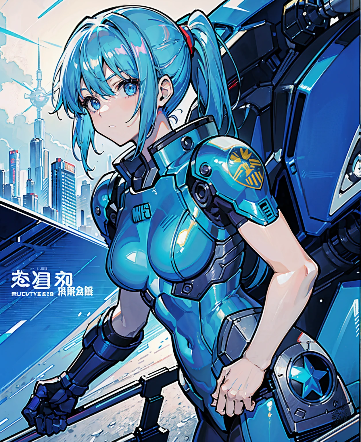 Blue Hair、Masterpiece、Best Quality、1 girl、Medium breast、((Album cover))、Light on Face、Slim Body、Blue Costume、Exoskeleton、metal Gear、Cyberpunk Style、ponytail、The Gundam pilot、attention arousal，Ride a fighter