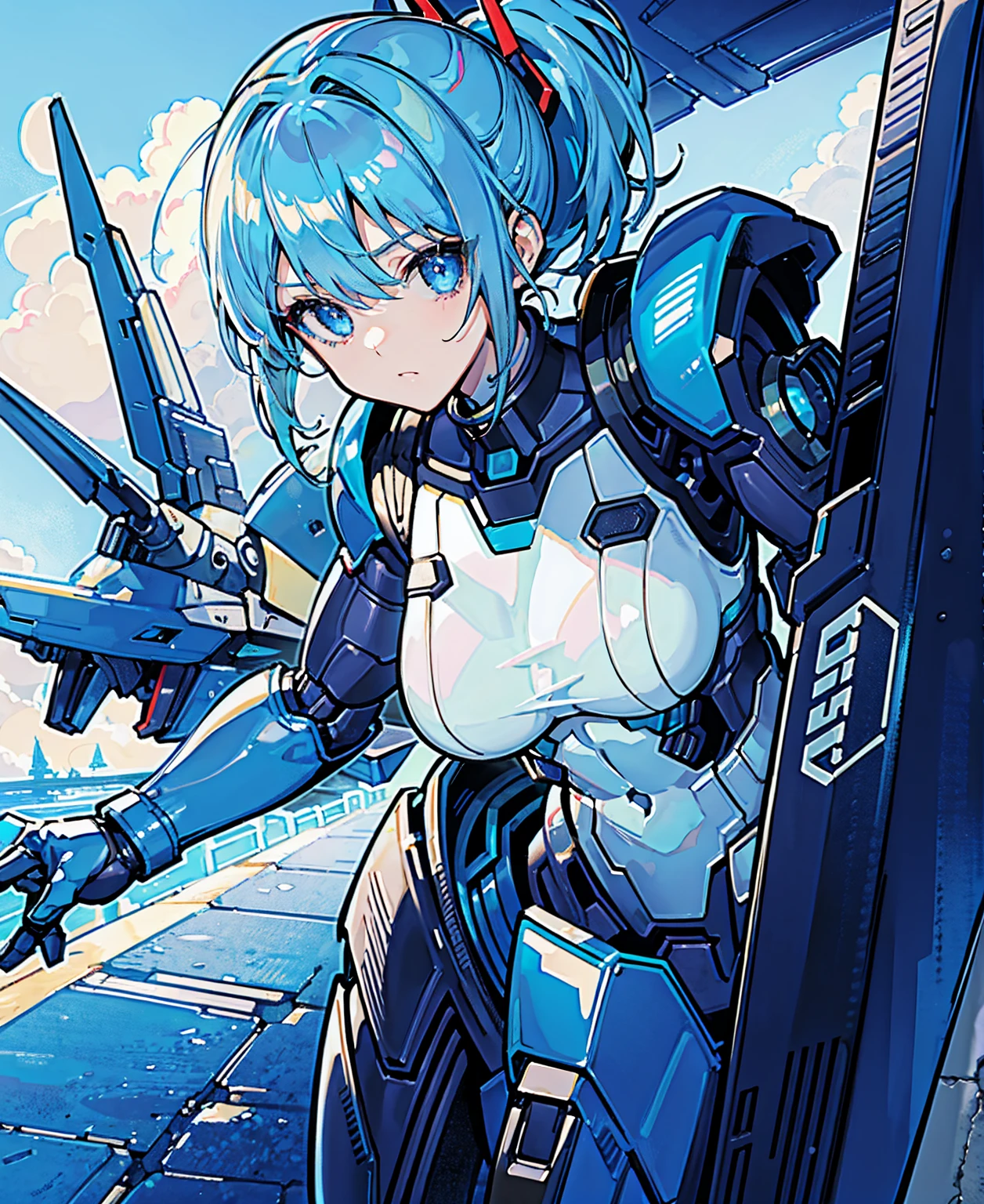Blue Hair、Masterpiece、Best Quality、1 girl、Medium breast、((Album cover))、Light on Face、Slim Body、Blue Costume、Exoskeleton、metal Gear、Cyberpunk Style、ponytail、The Gundam pilot、attention arousal，Ride a fighter