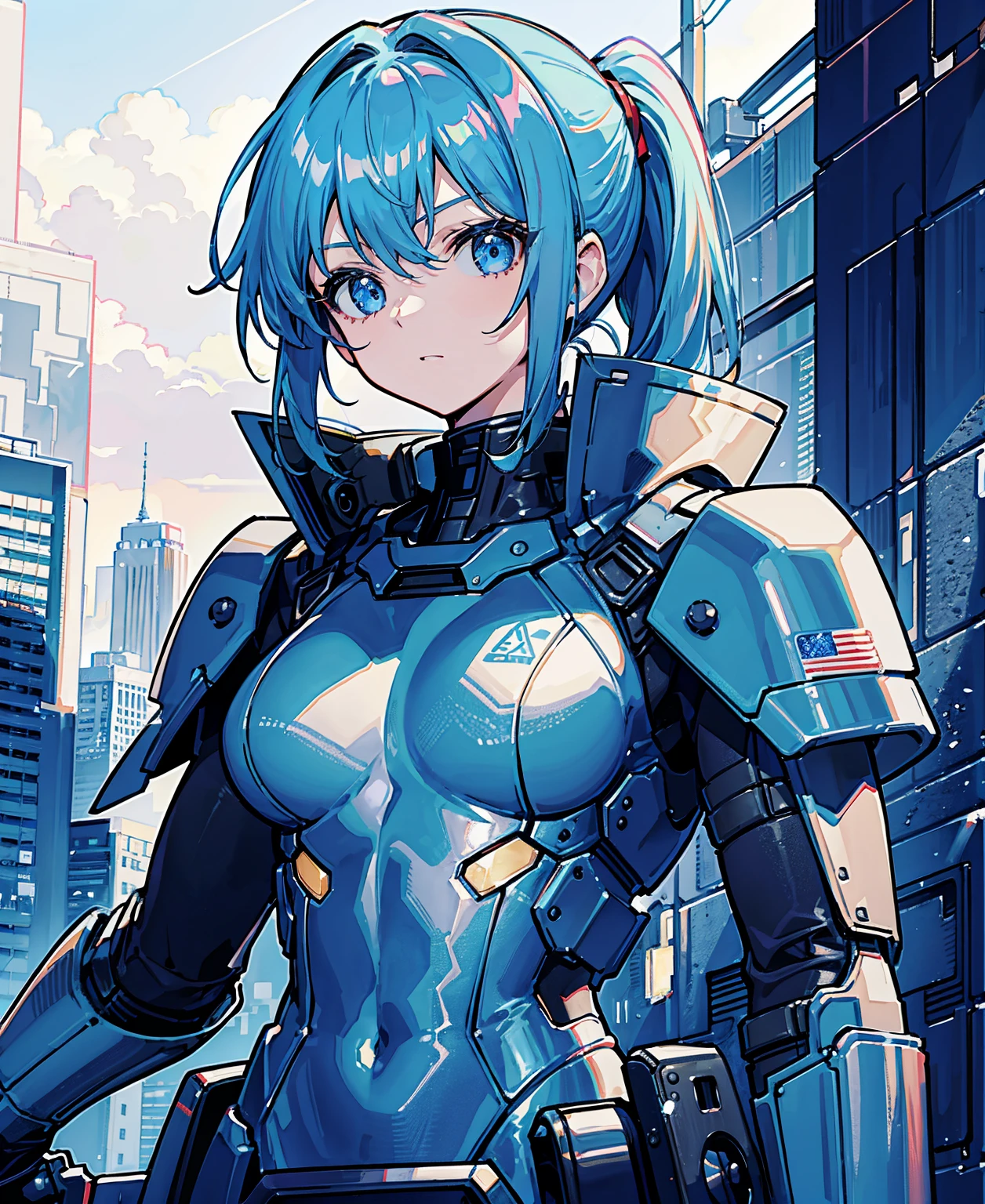 Blue Hair、Masterpiece、Best Quality、1 girl、Medium breast、((Album cover))、Light on Face、Slim Body、Blue Costume、Exoskeleton、metal Gear、Cyberpunk Style、ponytail、The Gundam pilot、attention arousal,Ride a fighter