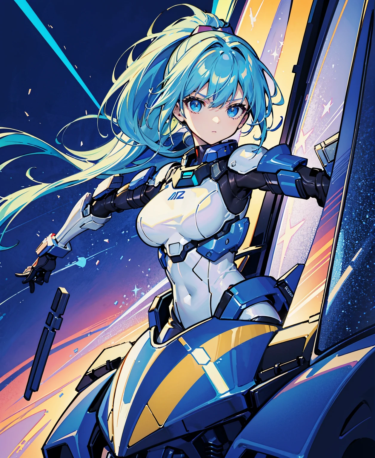 Blue Hair、Masterpiece、Best Quality、1 girl、Medium breast、((Album cover))、Light on Face、Slim Body、Blue Costume、Exoskeleton、metal Gear、Cyberpunk Style、ponytail、The Gundam pilot、attention arousal,Ride a fighter