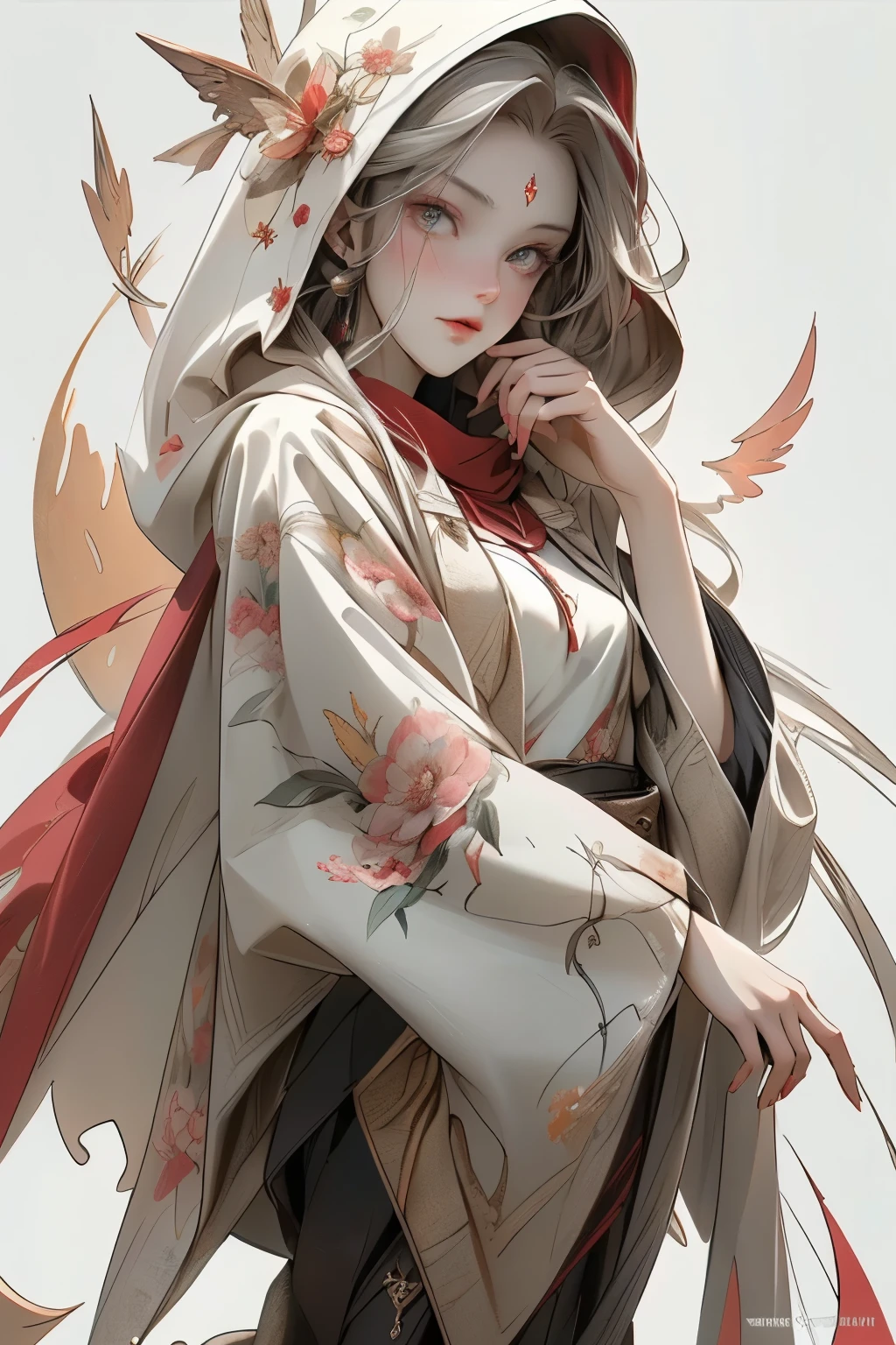 ((best quality)), ((masterpiece)), (detailed), perfect face, ((best quality)), ((masterpiece)), (detailed), perfect face(Golden ratio:1.2),(Fault color:1.3),[(White background:1.4)::10], (full bodyesbian:1.2),(Ultra-detailed:1.3), （white color background） (colorful ink paper flower grow on the face:1.2), teens girl，White hair，Red glowing eyes, sportrait, photorealestic,（（（Red and white trench coat））），（Red scarf)，a black pleated skirt，black t-shirts，longer sleeves，（（With a hood）），((Multiple pairs of angel wings))，side-lighting, NSFW, Depicting female characters from ethereal anime in a high-quality anime art style，，，8K，Red and white shoes with a sense of technology，(chaotic geometric images:1.3),(nagative space:0.8),(Drawing board:1.3), (ether colorful ink flowing:1.3), a knight, white background, plain background, Bloodborne inspired, tatty Bloodborne attire, occult aesthetic, occult, tatty red and white clothing detailed and intricate steampunk and detailed gothic lolita (with a hood), long coat, Complex laced boots, Fluttering lace flared long knee length dress with frilly petticoats, long dress, knee length dress, pleated petticoats, lolita dress, petticoats gothic lolita, beautiful small breasts, (((( Highly detailed face))), small thin nose, Small thin lips mouth, (((Very sharp focused eyes))), Very large slit precision pale grey eyes that shine like jewels. very long eyelashes, Silver hair swaying in the wind, Emitting a dazzling light in a mandala pattern, white background, Very dramatic and cinematic lighting, tatty damaged old red and white clothing, full body, whole body, body, cosmic horror, grim dark