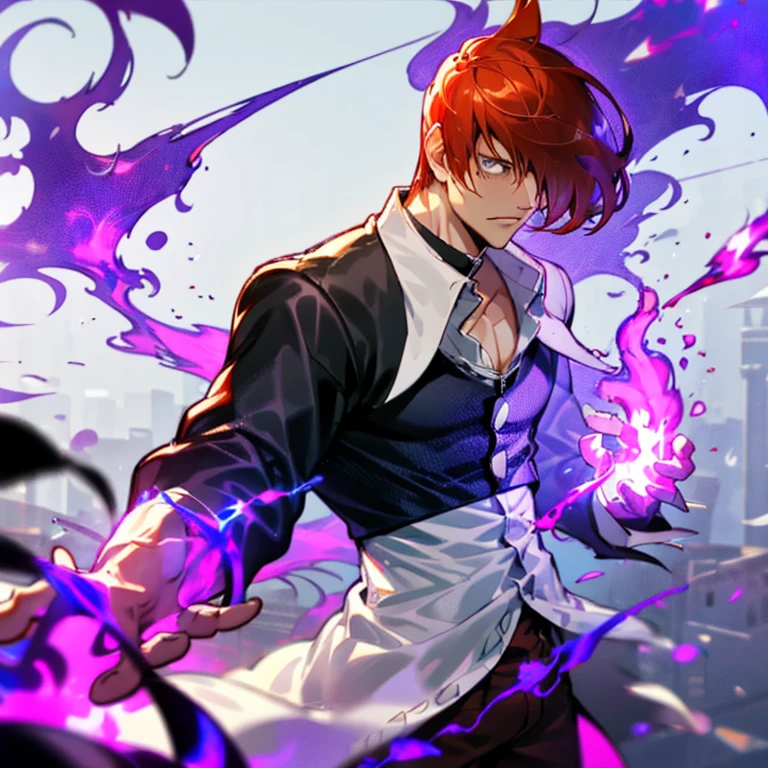 Sharp Eye,One boy,Hair on one eye,Redhead,short hair,Purple Flame,Fantasy World,isekai,Bracing himself on London Bridge