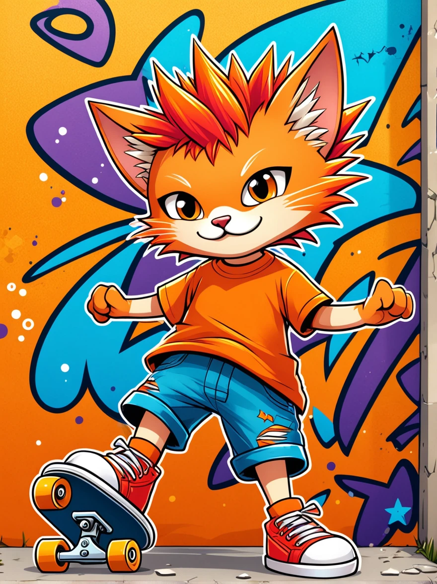 A cartoon doodle anthropomorphic animal,Vector illustration,A cute kitten,With spiky, brightly colored hair,Unique and wild style,Wearing orange T-shirt,Blue shorts and red shoes, Often with a mischievous smile,And stir up trouble in the nameless town, Known for his skateboarding skills and nonchalant attitude, Standing in front of a graffiti style background,Adds whimsy to the scene