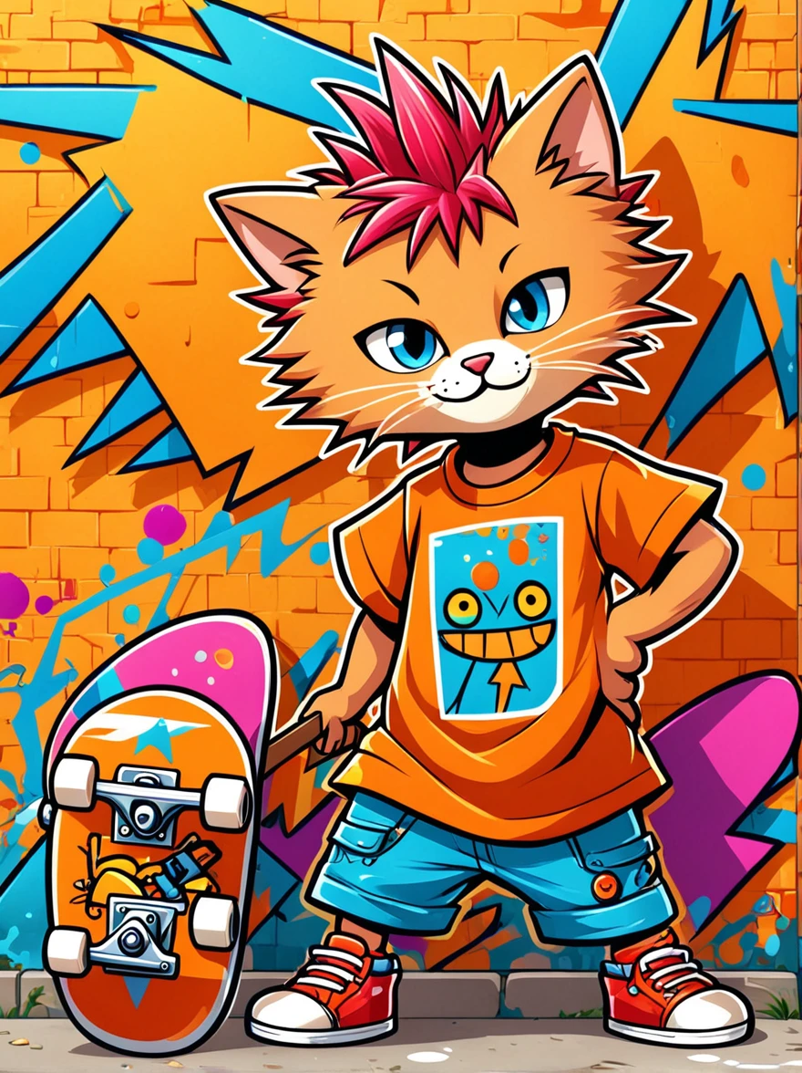 A cartoon doodle anthropomorphic animal，Vector illustration，A cute kitten，With spiky, brightly colored hair，Unique and wild style，Wearing orange T-shirt，Blue shorts and red shoes, Often with a mischievous smile，And stir up trouble in the nameless town, Known for his skateboarding skills and nonchalant attitude, Standing in front of a graffiti style background，Adds whimsy to the scene