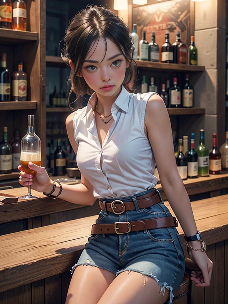 (((Drunk hiccups:1.3))),(((woman1 person))),((((A woman)))),((((Watch on wrist)))),(((Right hand on chest:1.2))),(High resolution, clearly_image) highest quality, woman, masterpiece, Very detailed, Semi-realistic, 23 years old, fair, young, (Skinny body:1.2),((Gaze Down:1.0)),(Small waist), (Small breasts),((((Watch on wrist)))),((White sleeveless collared shirt)), ((Exposed arms)),(Short denim hot pants:1.8),(((brown gun belt:1.2))), (((Bar counter at night))),Sitting in a chair, (blush:1.5),(Being drunk:1.9),((Exposing thighs)),((Navel exposed)),((Cowboy Shot)),((Full Body Shot))