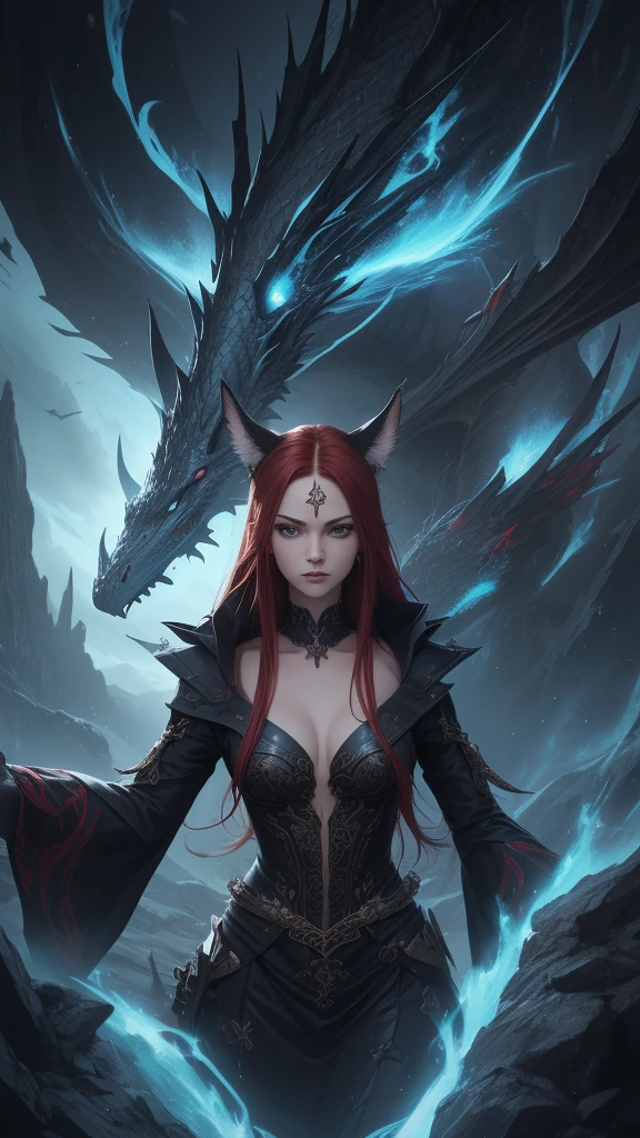 A captivating and mesmerizing dark fantasy illustration by the exceptionally talented artist Dragonsteel7. The focal point is a striking female character with enigmatic red hair, hypnotic wolf ears, and alluring blue eyes that exude a sense of mystery. She is dressed in an exquisitely intricate outfit adorned with sharp claw marks, adding to the overall vibe of hidden danger.

The artwork masterfully combines typography, fashion, product, and anime styles, pushing the boundaries of illustration and immersing the viewer in a one-of-a-kind visual experience. The high-quality render, poster, and photo seamlessly blend various styles, delivering a vibrant and striking portrayal of the character that transcends traditional illustration. The fusion of these elements creates an immersive, cinematic experience that showcases Dragonsteel7's, poster, cinematic, illustration, vibrant, 3d render, photo, fashion, anime, product, typography