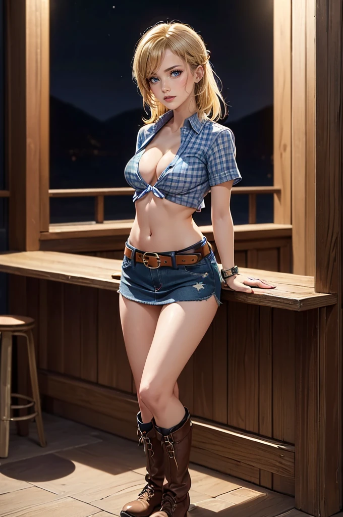 (((1 person:2.0))),(((Cowgirl Costume))),(((Denim mini skirt:1.2))),(((wear a leather belt))),(((Tight short sleeves, Checked shirt.))),((Wearing a watch))),(((Ultra short boots))),(((Showing cleavage))),(((Exposed thin inner thighs))),(((Small breasts:1.5))),(((Bare arms))),(((Her hair is blonde))),((Navel exposed:1.3)), Beautiful detailed girl, Very detailed目と顔, Detailed and beautiful eyes, Very detailed, High resolution, highest quality, masterpiece, Very detailed, 8k wallpaper, wonderful, finely, highest quality, The light shines on your face,,(Night Bar),Beautiful Eyes,Being drunk,Above the knee shot,Are standing