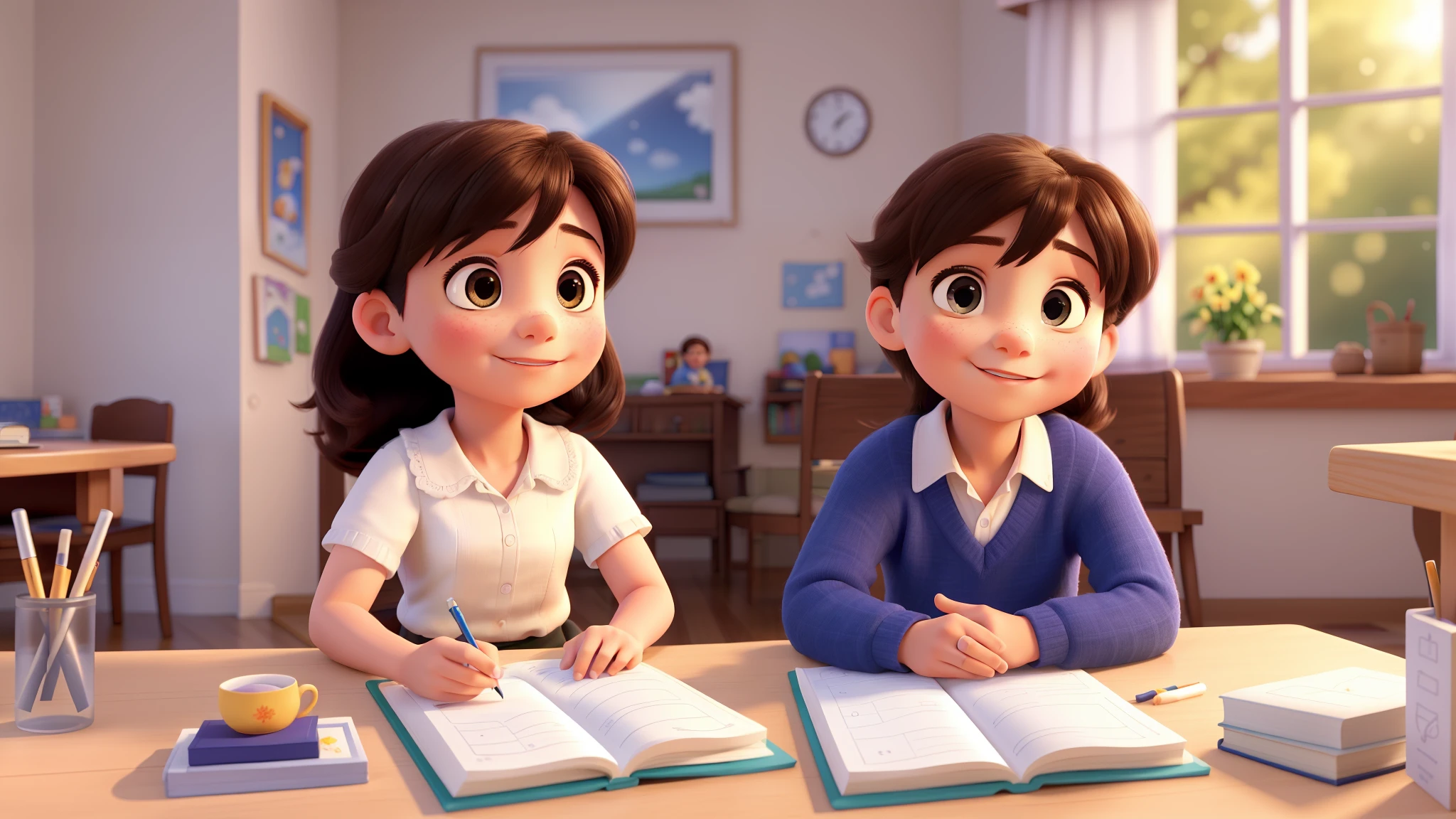 A scenic tableau unfolds as a radiant father and mother, their faces perfect and full of joy, gaze upon their 6-year-old children diligently solving math problems from a book. The room is bathed in an 8k luminescence, the stark white background impeccably clean and clear, reminiscent of a movie cover. A masterpiece of photography, the details are meticulously captured, every facial expression and carefree stroke of a little hand painstakingly rendered. The children work harmoniously, their focus unwavering, as the promise of a bright future seems to sparkle in their eyes. The scene, a testament to the unwavering bond