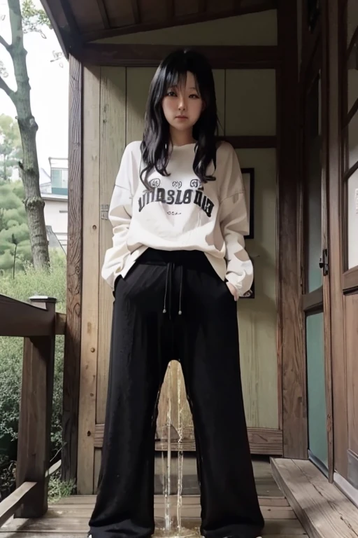 Japanese Girl sees the ghost and pees her black palazzo pants until her pants are wet in fright.