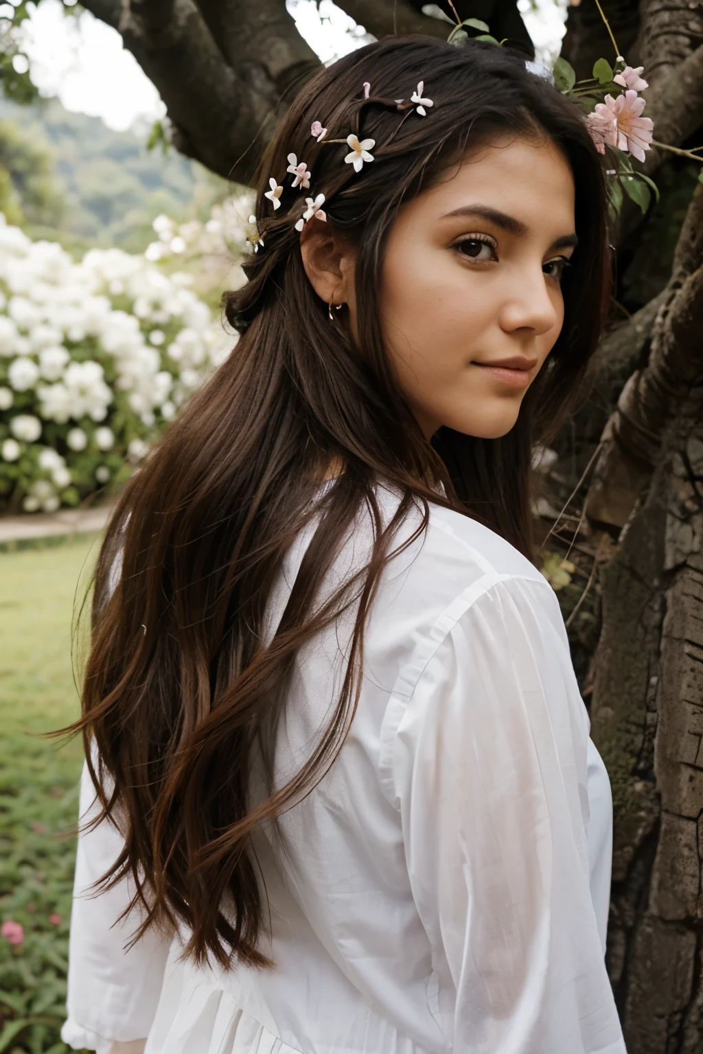 Arbol, flores, cielo, cascadas, mujer con cabello rubio 